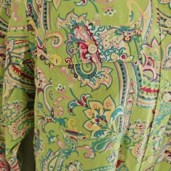 Chaps Medium Green Pink Paisley Cotton Button Down Shirt Boho Retro Y2K Preppy - Picture 4 of 11